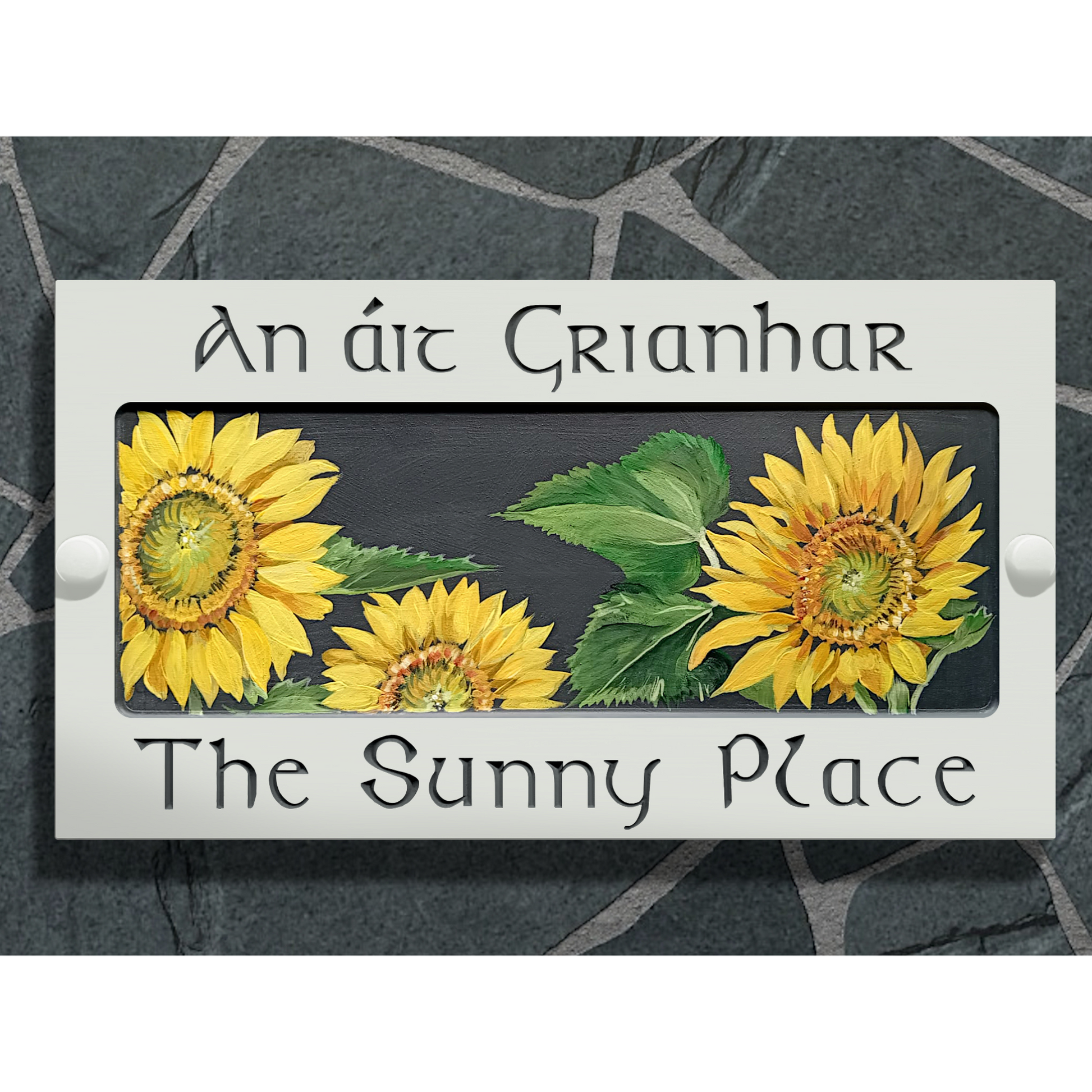 White Large Rectangle Corian Sign (325x180mm) with Sunflower Art