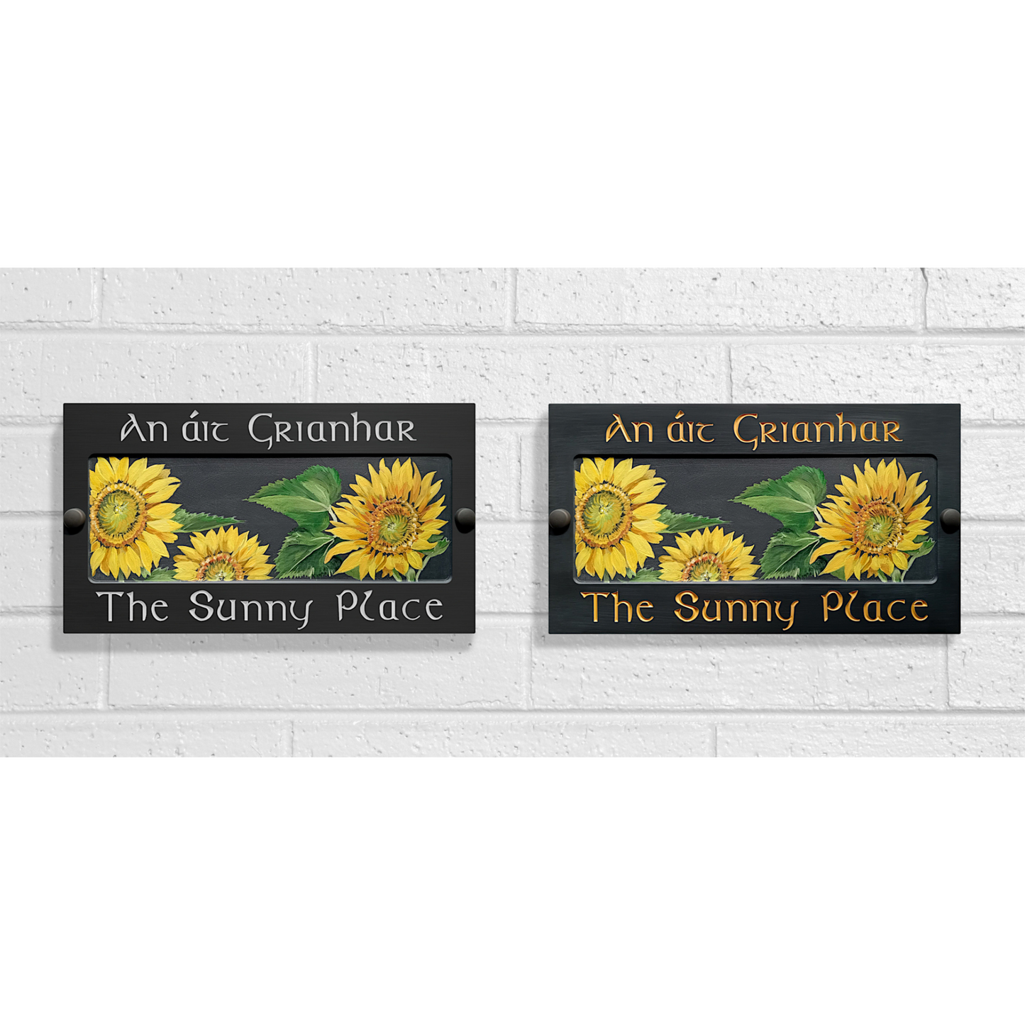 Grey Large Rectangle Corian Sign (325x80mm) with Sunflower Art